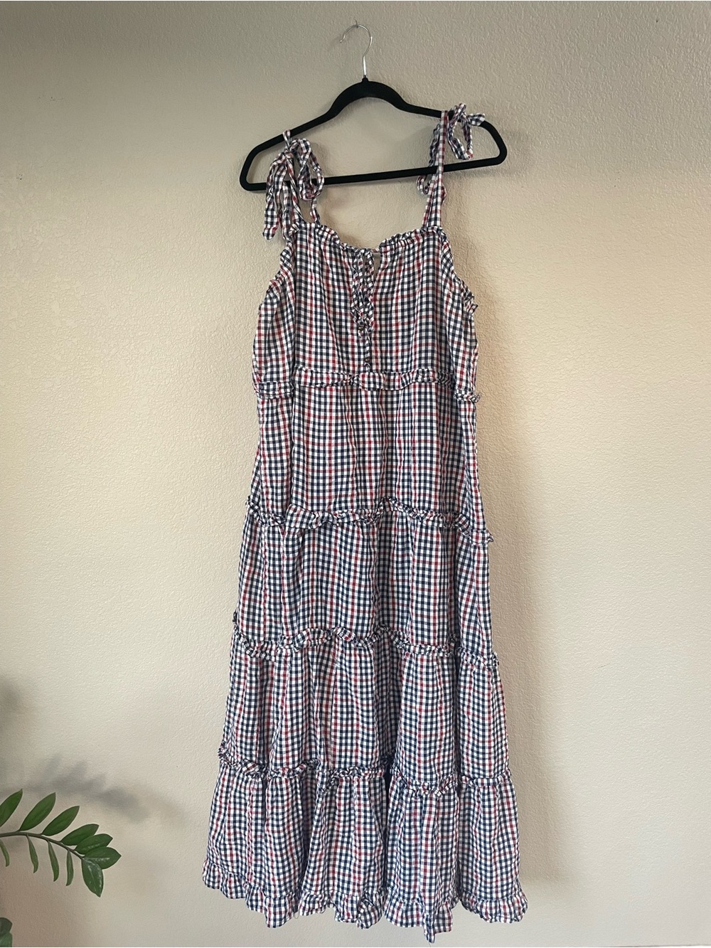 Romantic Gypsy Gingham Maxi Dress Red White Blue Cotton Tiered Tie Strap 2X
